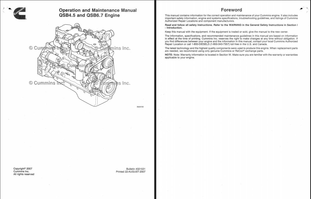John Deere QSB4.5, QSB6.7 Cummin Engine Operation and Maintenance Manual 4021531 - PDF