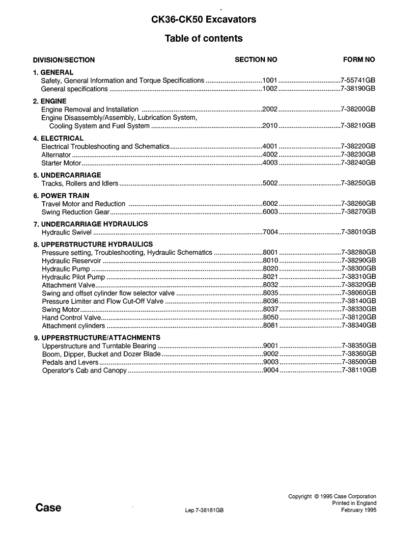 Case CK36, CK50 Excavator Service Repair Manual 7-56381 PDF