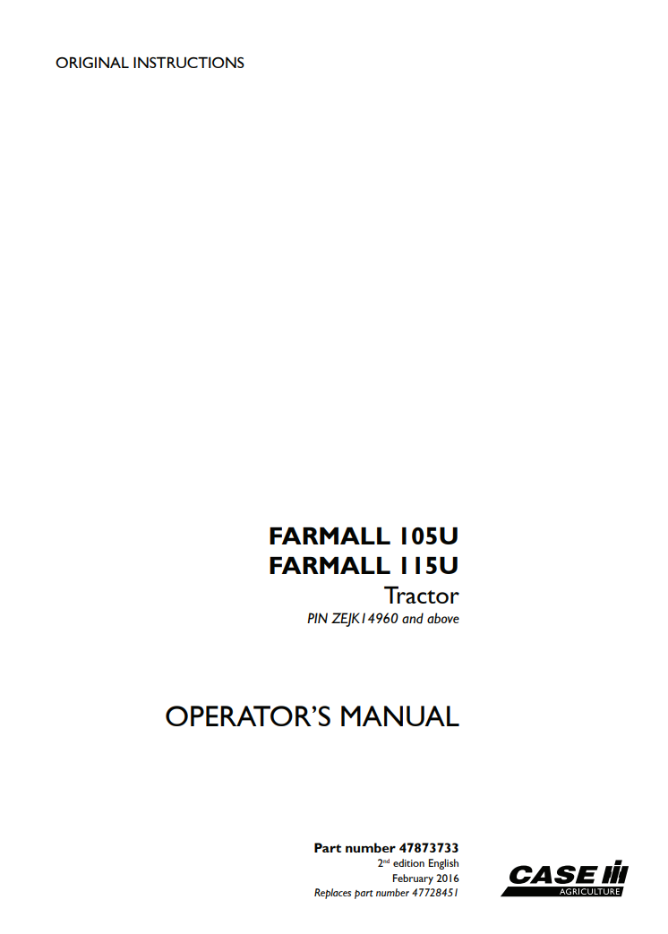 Case IH Farmall 105U, Farmall 115U Tractor Operator’s Manual 47873733 PDF