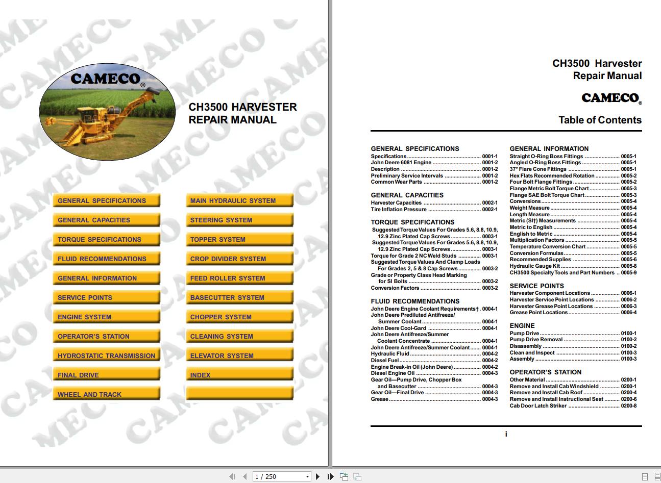 A page from the John Deere Harvester CH3500 1069 Service Repair Manual, showing a table of contents with various sections for different parts and labor hours.