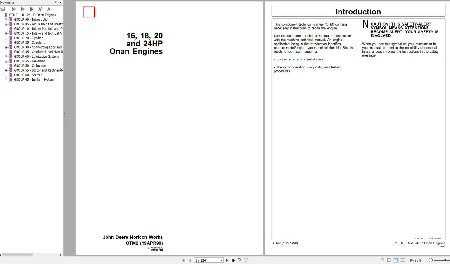 John Deere CTM2 16, 18, 20, 24 HP Onan Engine Service Repair Manual - PDF