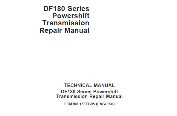 Cover page of the John Deere DF180 Series Powershift Transmission Technical Service Repair Manual, indicating the model number and language type.