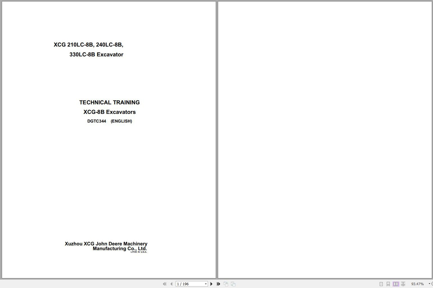 John Deere Excavators XCG 210LC-8B, 240LC-8B Technical Service Repair Manual DGTC344 - PDF