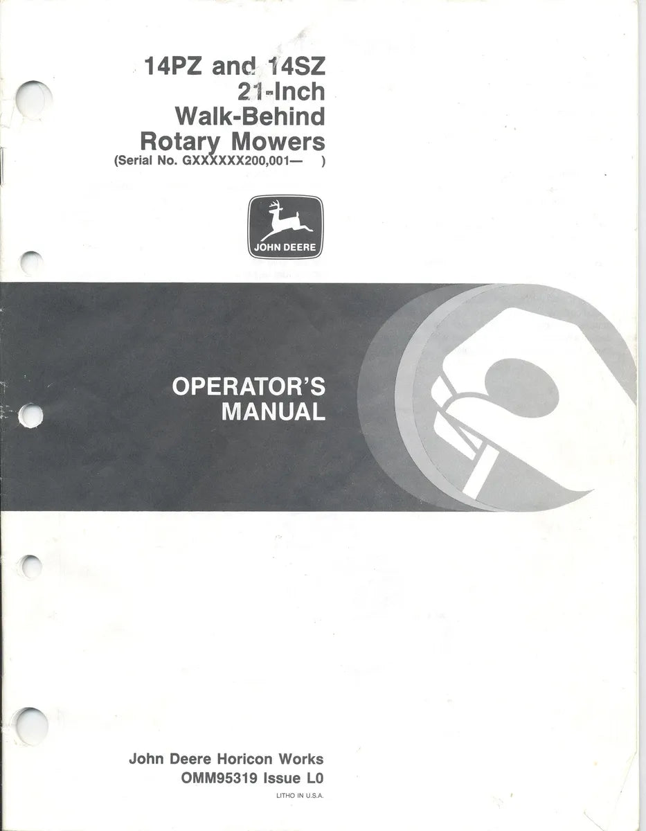John Deere 14PZ, 14SZ 21-Inch Walk-Behind Rotary Mowers (S/N 010001) Operator's Manual