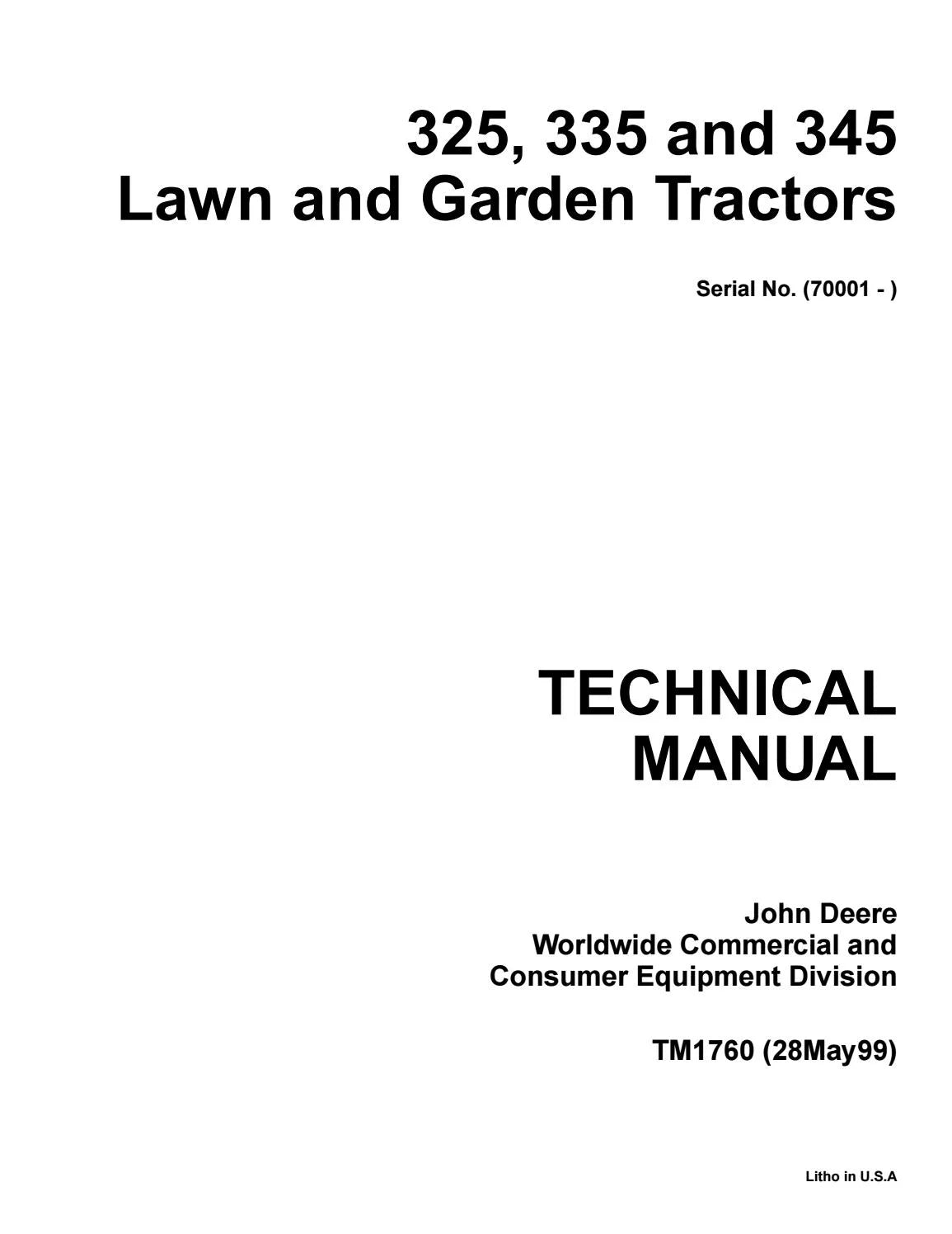 John Deere 325, 345, 335 Lawn and Garden Tractor Technical Service Manual TM1760 - PDF