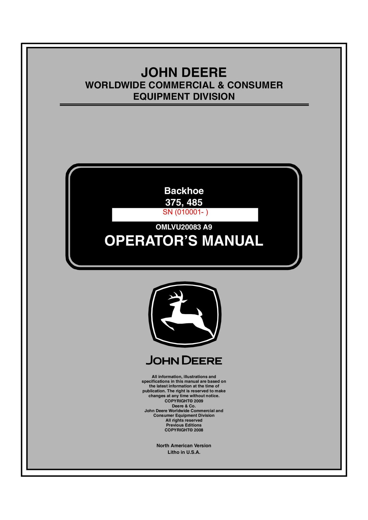 John Deere 375, 485 Backhoe (SN. 010001) Operator's Manual OMLVU20083 - PDF
