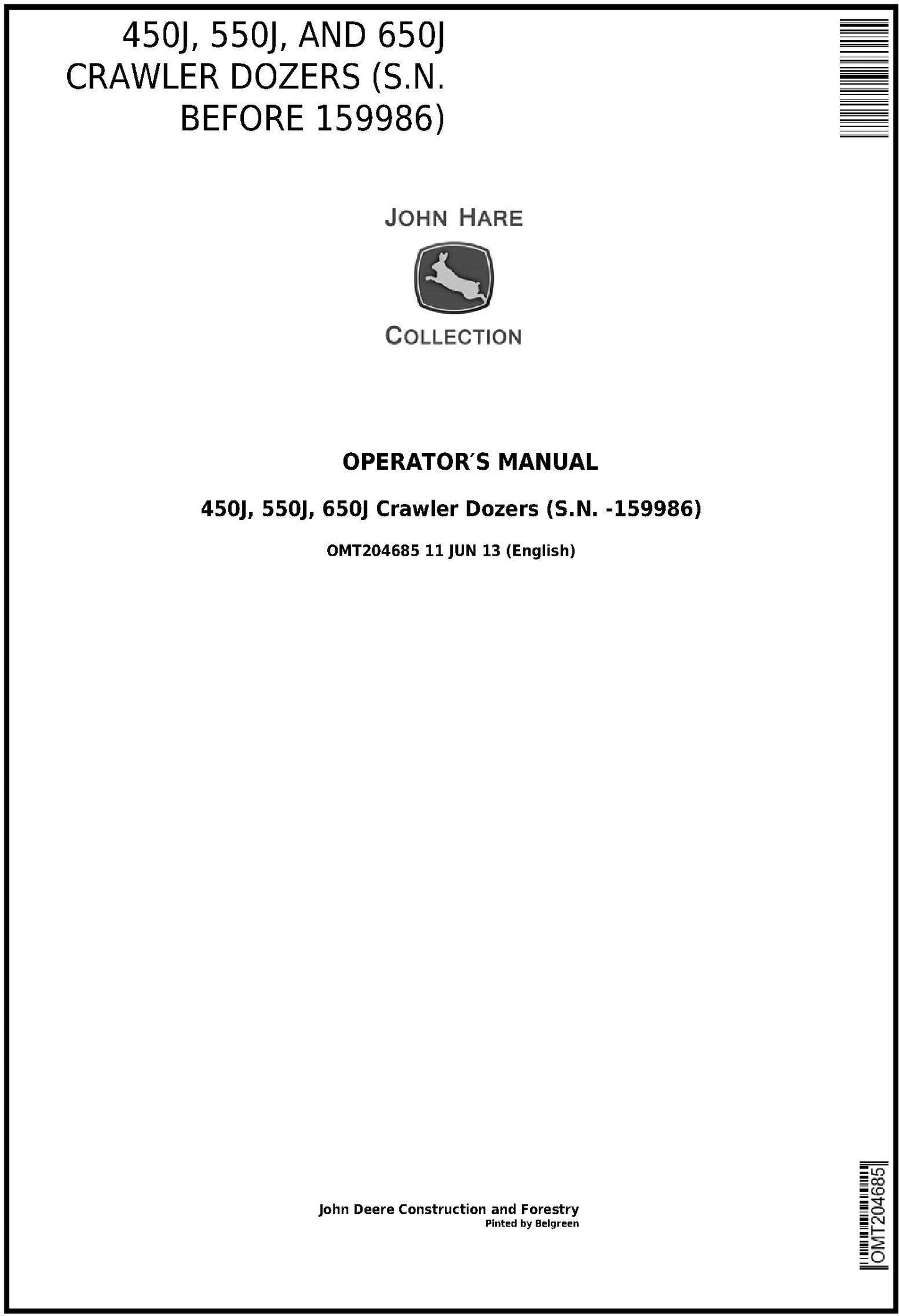 John Deere 450J, 550J, and 650J Crawler Dozer Operator's Manual OMT204685 - PDF