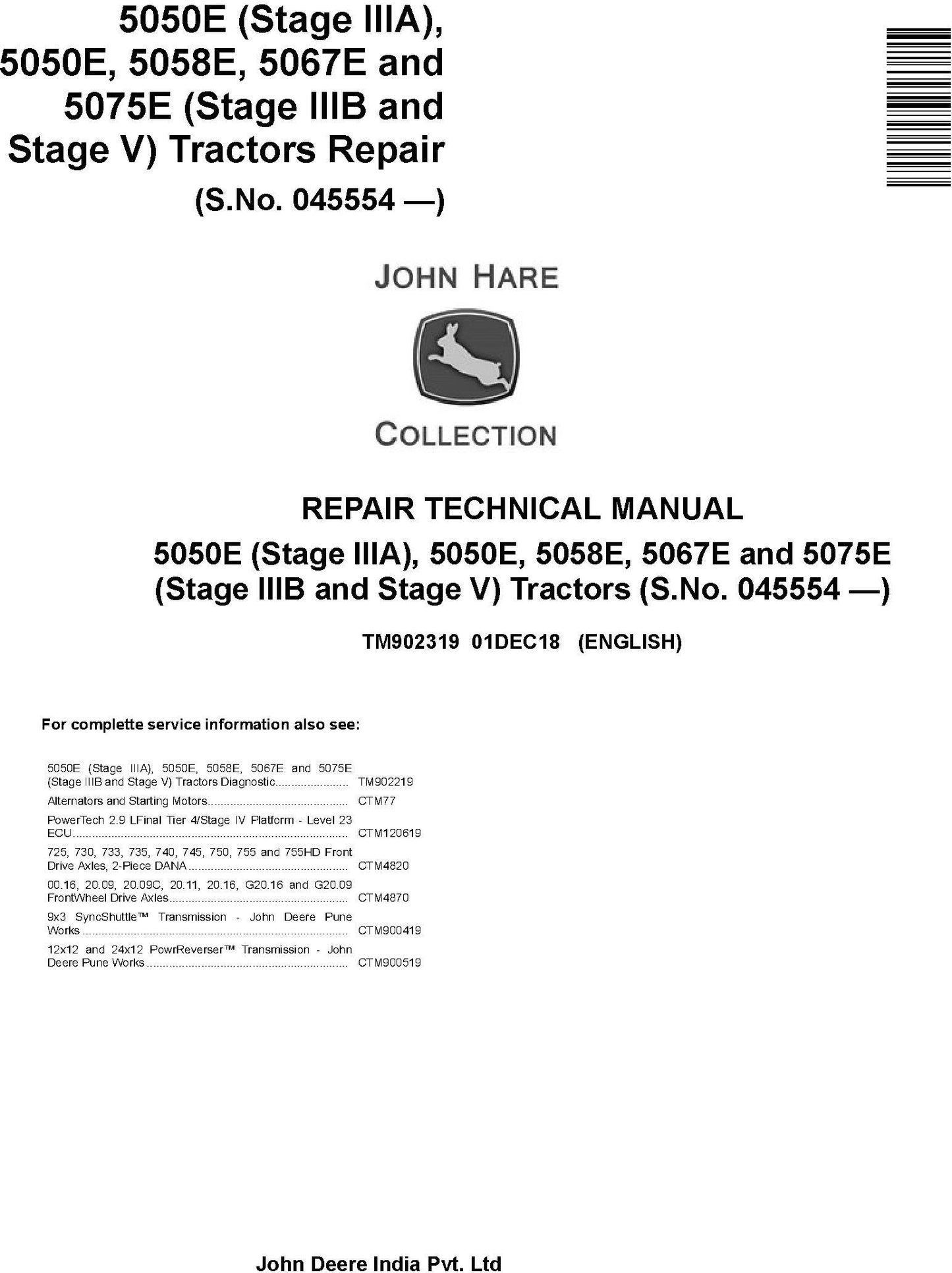 John Deere 5050E, 5050E, 5058E, 5067E, 5075E Tractor Technical Service Repair Manual TM902319 - PDF
