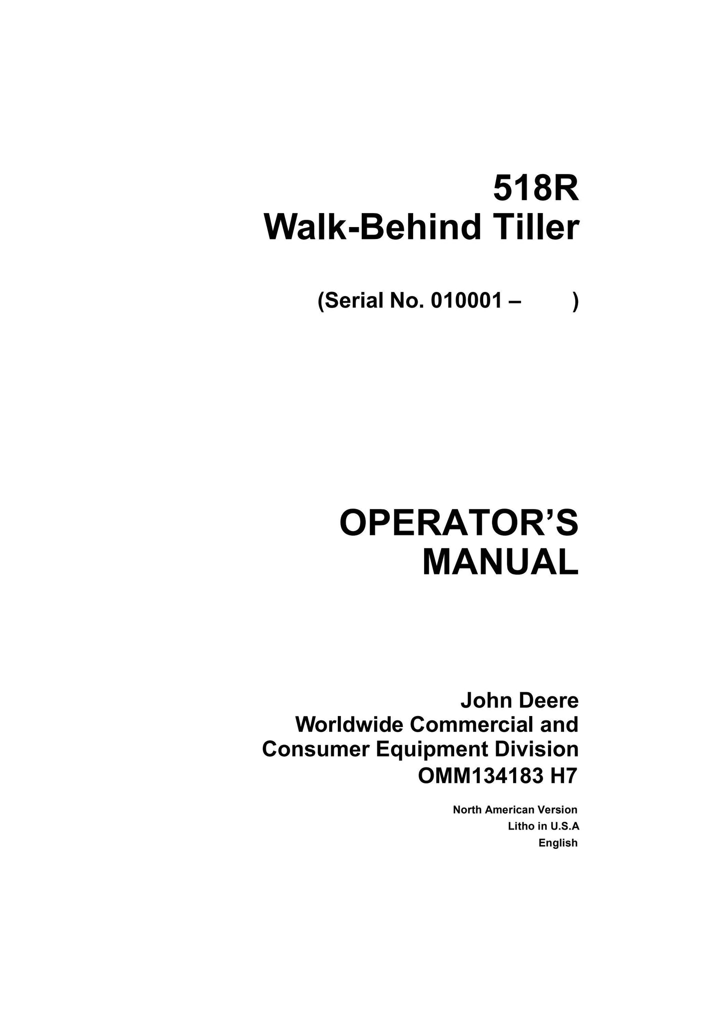 John Deere 518R Walk Behind Tiller (SN. 010001) Operator's Manual OMM134183 - PDF