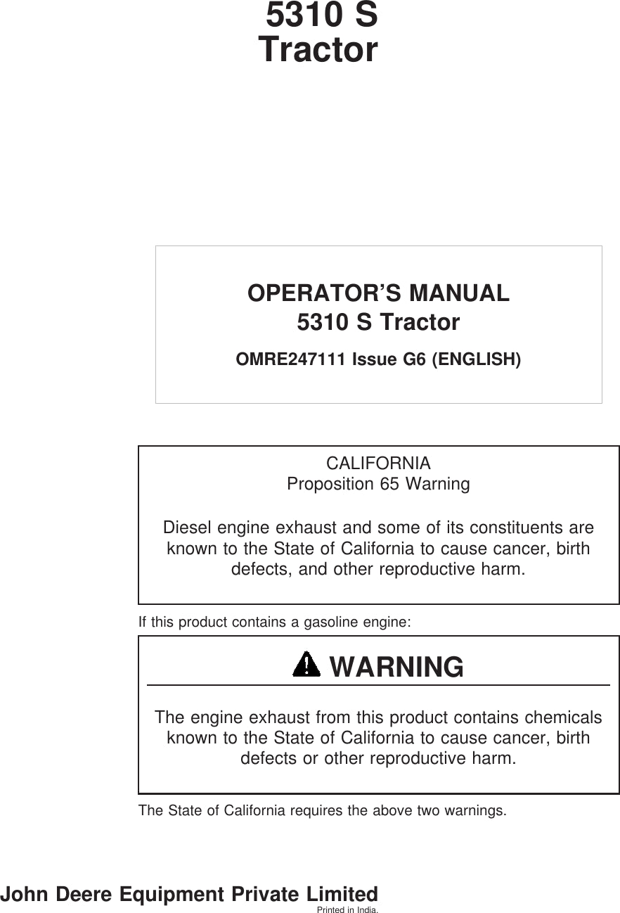 John Deere 5310 S Tractor Operator's Manual OMRE247111 - PDF