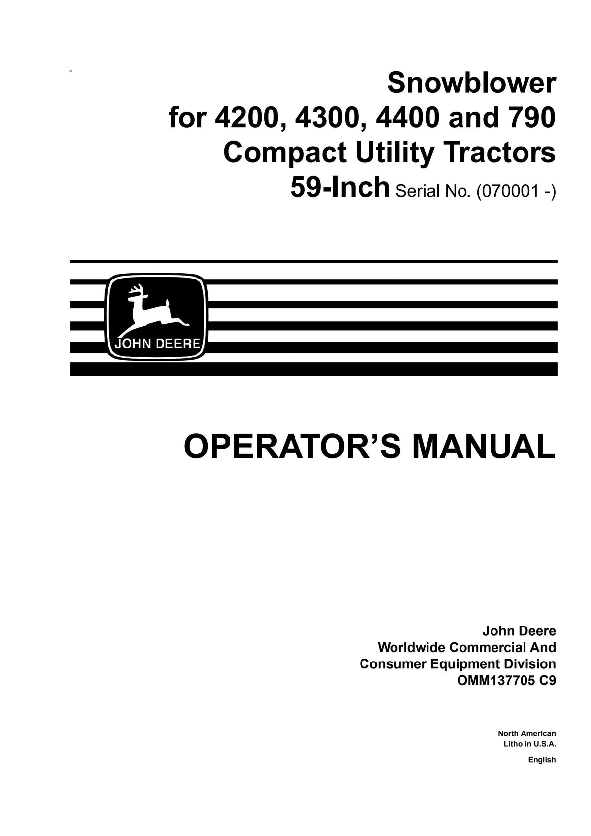John Deere 59 Snowblower For 4200, 4300, 4400, 790 Compact Utility Tractor (SN. 070001) Operator's Manual OMM137705 - PDF