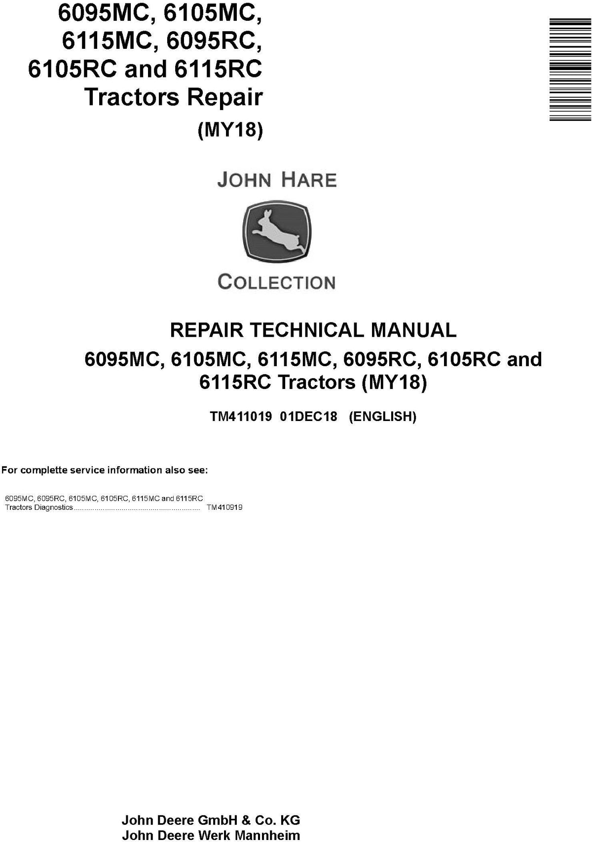 John Deere 6095MC, 6095RC, 6105MC, 6105RC, 6115MC, 6115RC Tractor Technical Service Repair Manual TM411019 - PDF