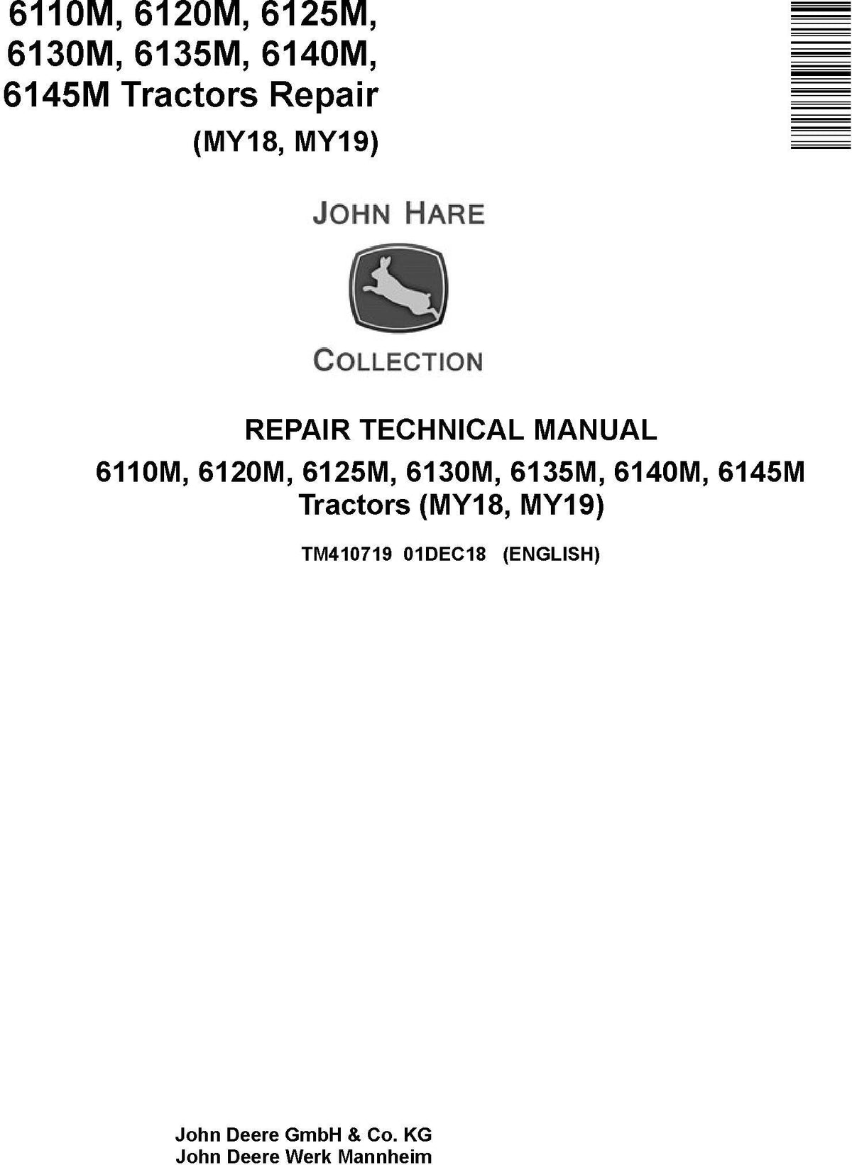 John Deere 6110M, 6120M, 6125M, 6130M, 6135M, 6140M, 6145M Tractor Technical Service Repair Manual TM410719 - PDF