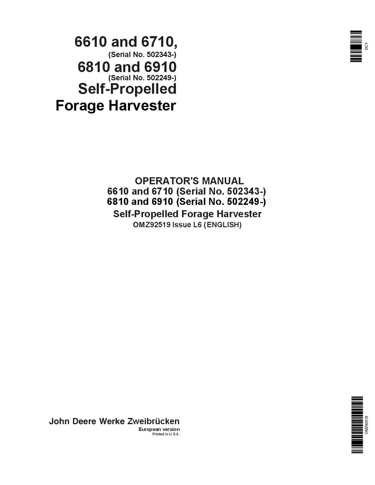 John Deere 6610, 6710, 6810, 6910 Harvesters Operator’s Manual PDF OMZ92519 for operation and maintenance.