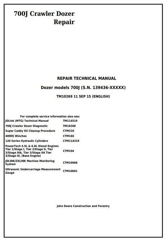 John Deere 700J Crawler Dozer Technical Service Repair Manual TM10269 - PDF
