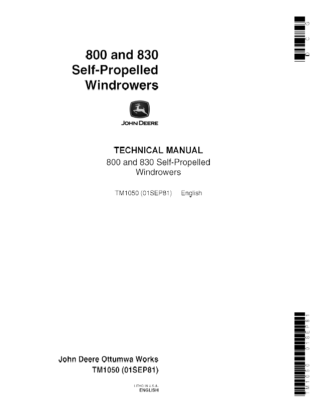 John Deere 800, 830 Self-Propelled Windrower Technical Service Repair Manual TM1050 - PDF