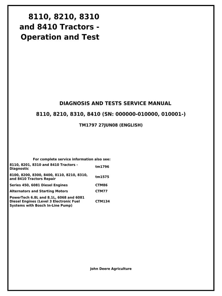John Deere 8110, 8210, 8310 and 8410 Tractor Operation, Maintenance & Diagnostic Test Service Manual TM1797 - PDF