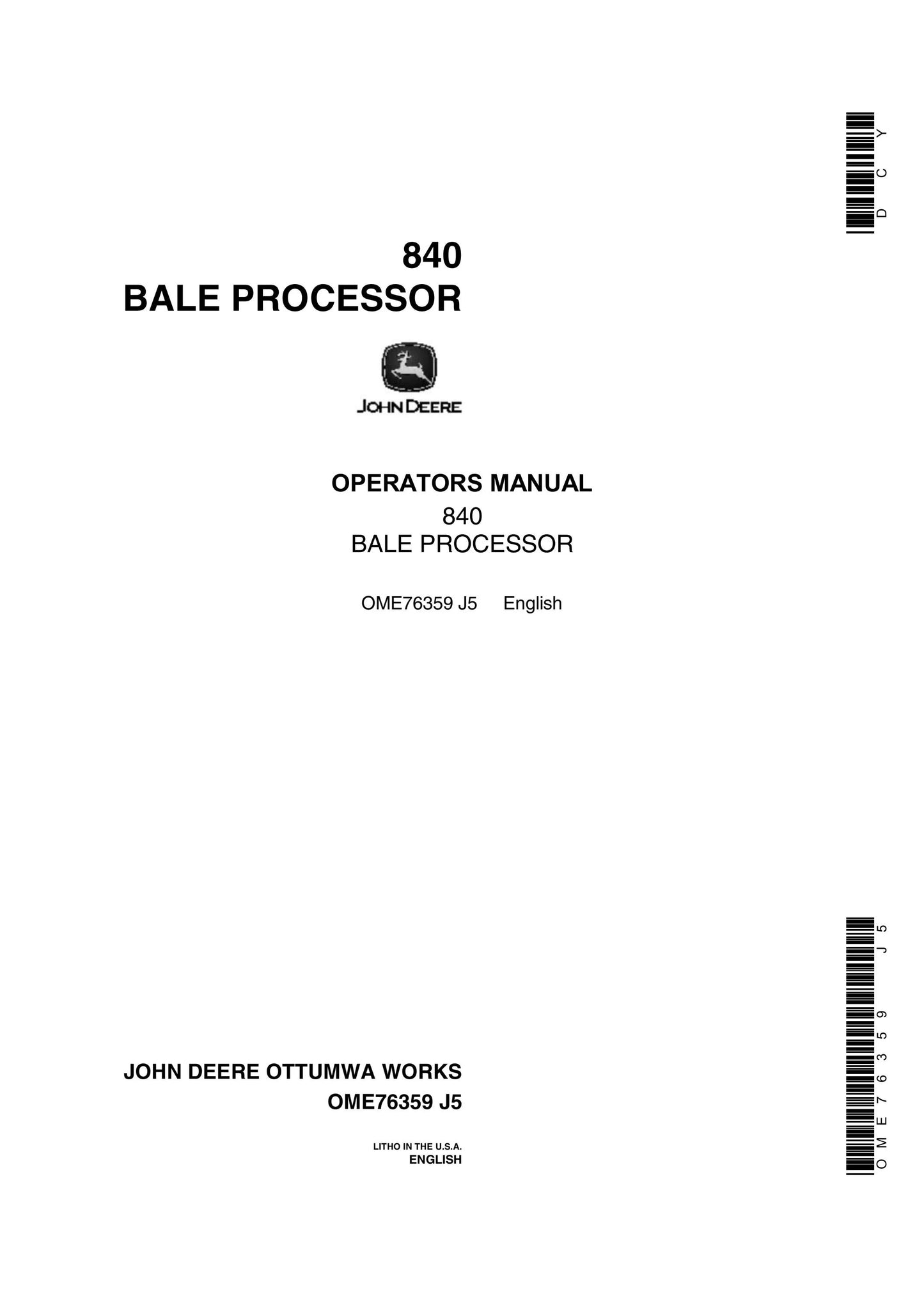 John Deere 840 Bale Processor Operator’s Manual OME76359 - PDF