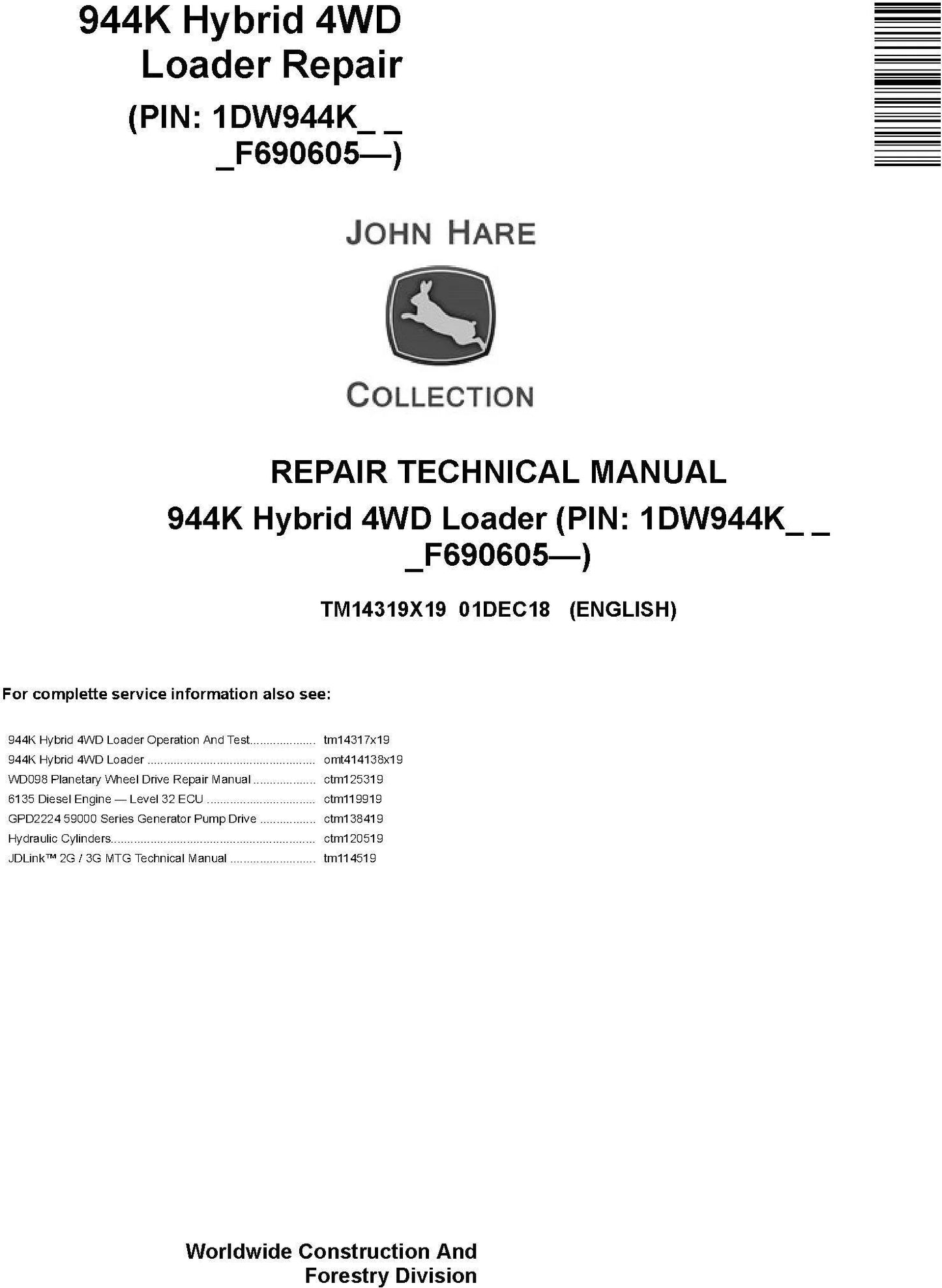 John Deere 944K Hybrid 4WD Loader Technical Service Repair Manual TM14319X19 - PDF