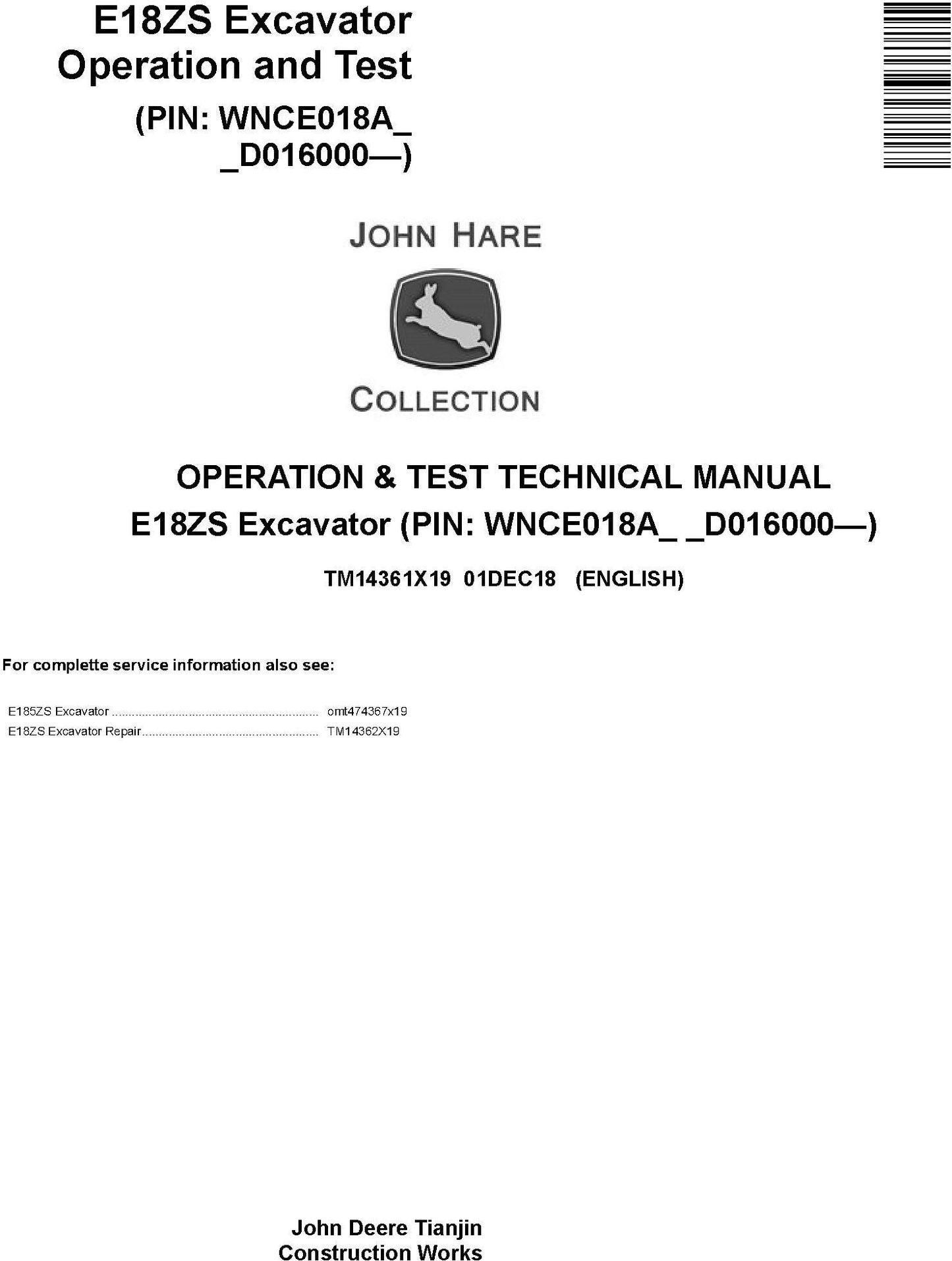 John Deere E18ZS Excavator Operation & Diagnostic Test Technical Service Manual TM14361X19 - PDF