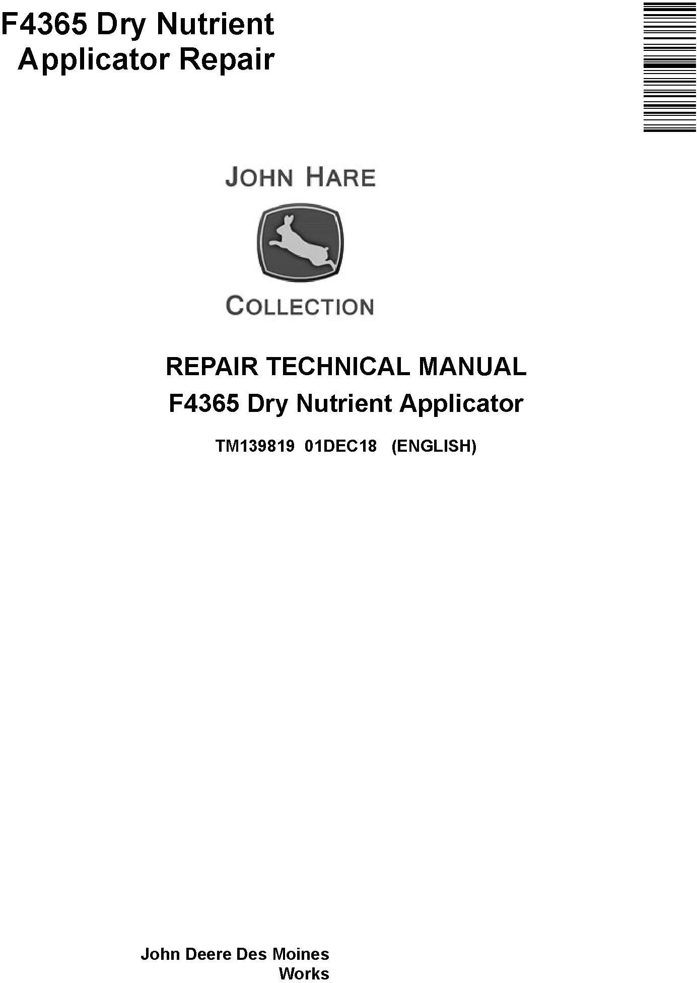 John Deere F4365 Dry Nutrient Applicator Technical Service Repair Manual TM139819 - PDF