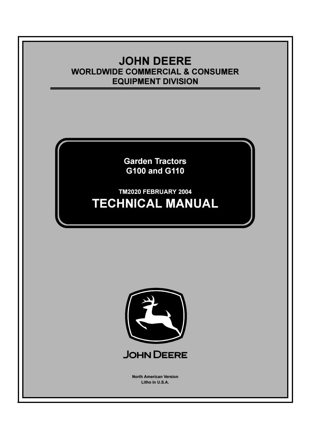 John Deere G100, G110 Garden Tractors Technical Service Repair Manual TM2020 - PDF