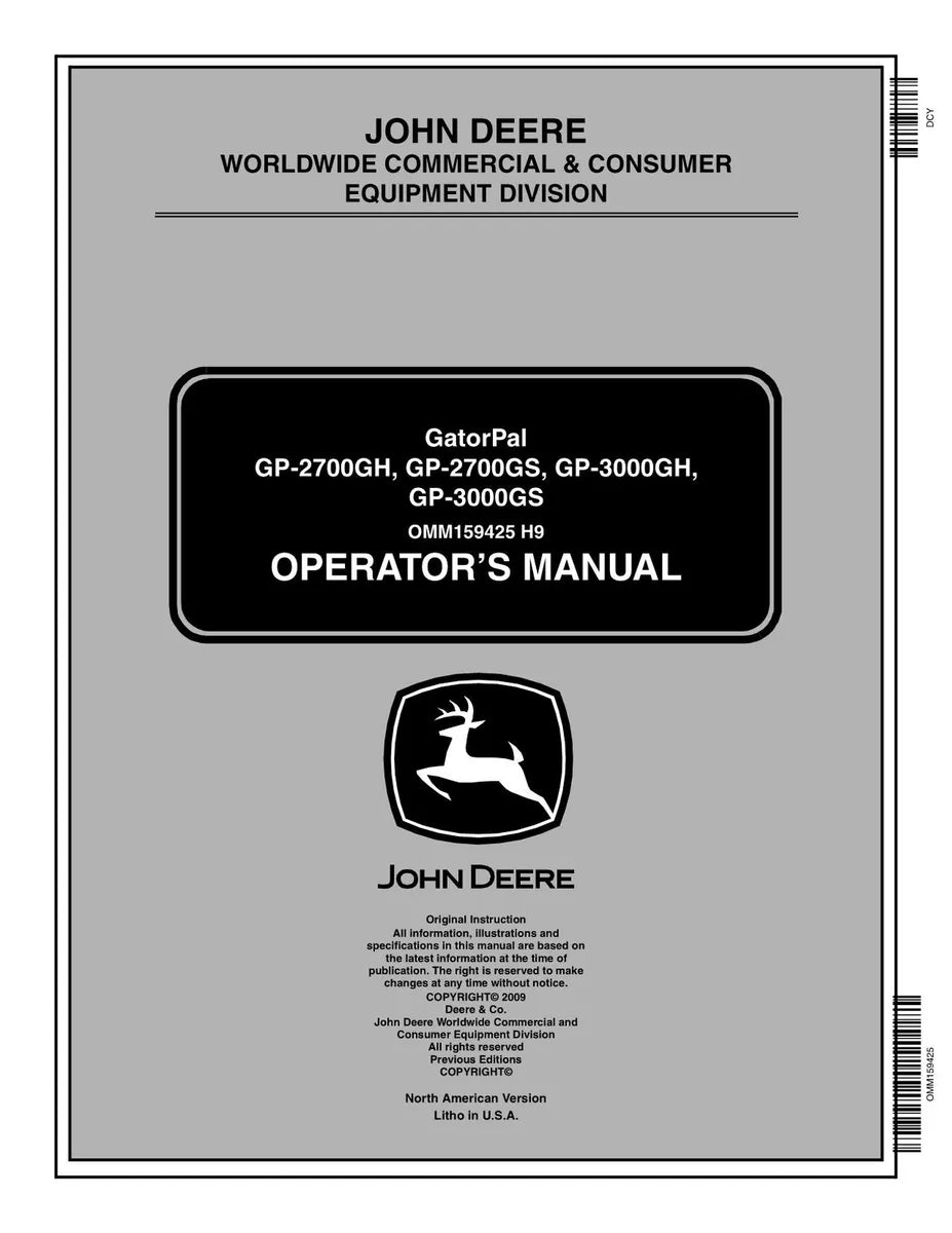 John Deere GP-2700GH, 2700GS, 3000GH, 3000GS Gator Pal Operator's Manual OMM159425 - PDF