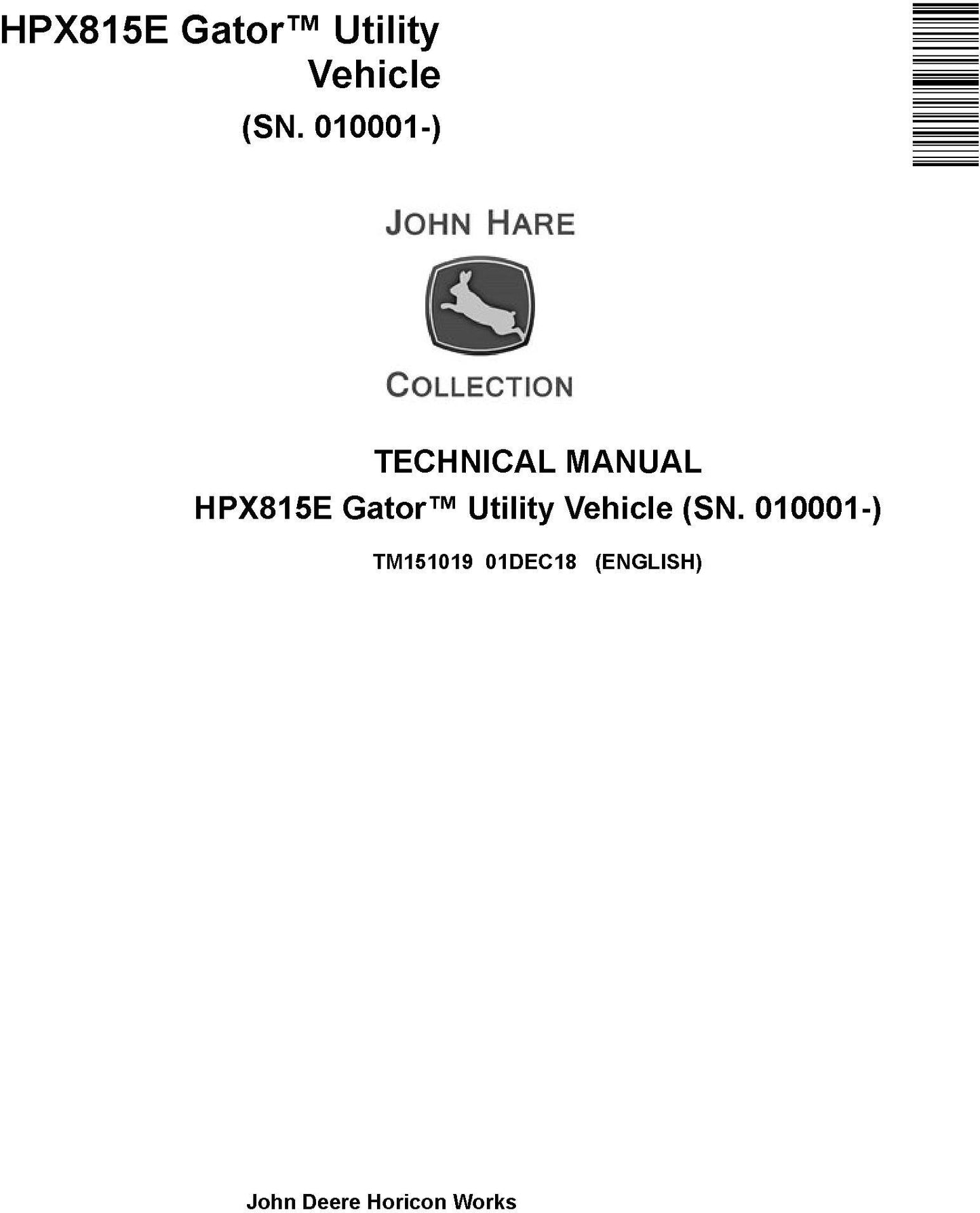 John Deere HPX815E Gator Utility Vehicle Technical Service Repair Manual TM151019 - PDF