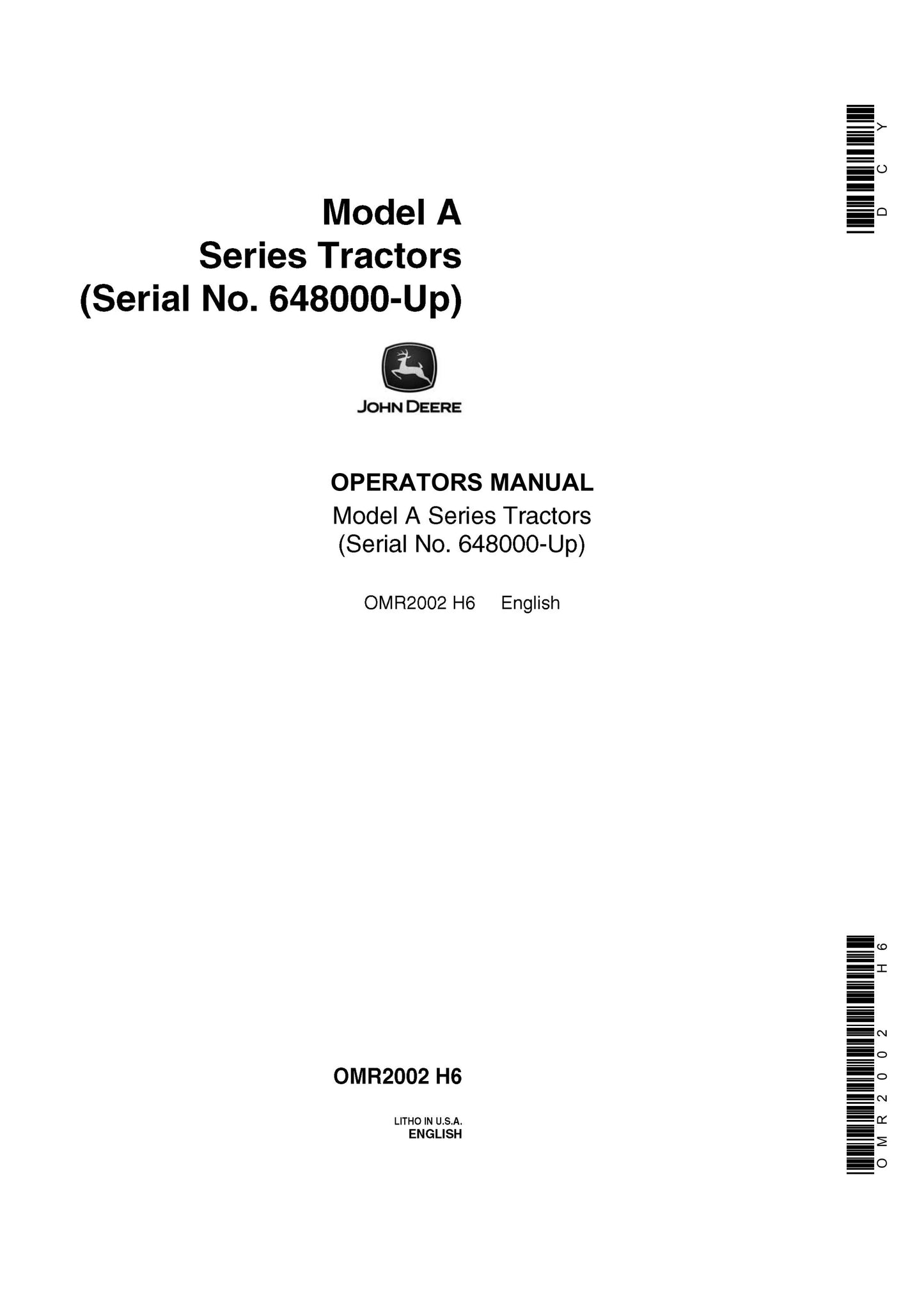 John Deere Model A Series Tractors (Serial No. 648000-Up) Operator’s Manual OMR2002 - PDF