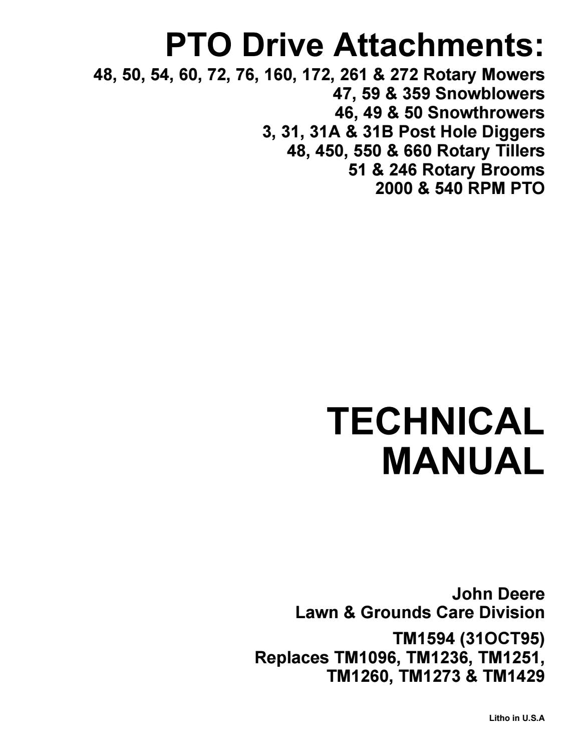 John Deere PTO Drive Attachments Lawn & Garden Care PDF Manual TM1594 - PDF