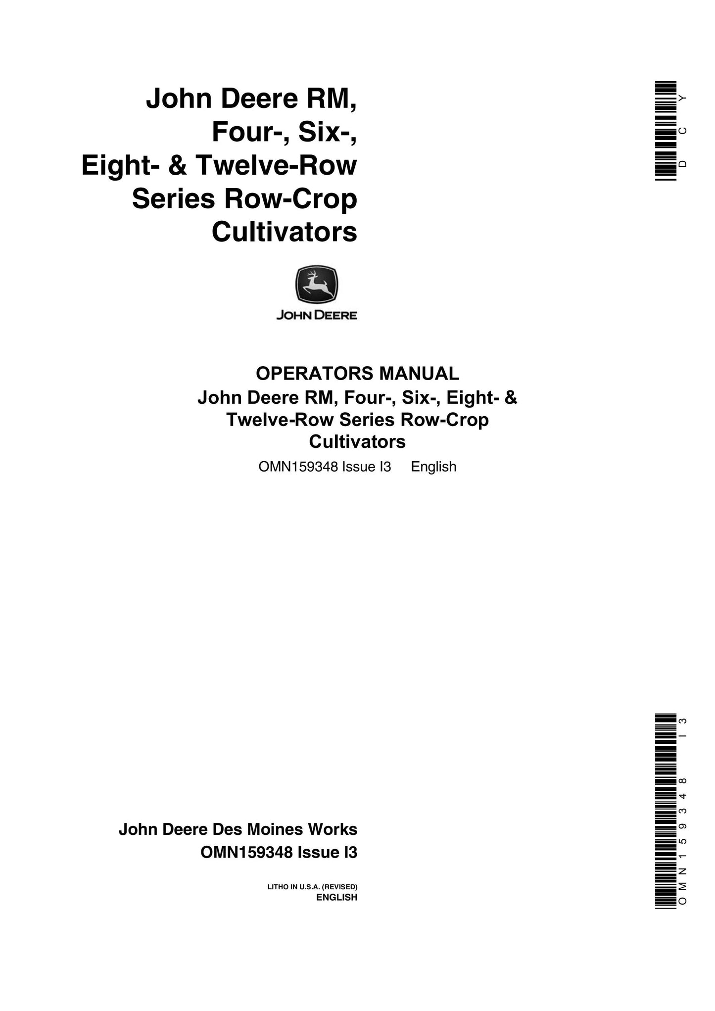 John Deere RM Four-, Six-, Eight-, And Twelve-row Series Row-crop Cultivators Operator’s Manual