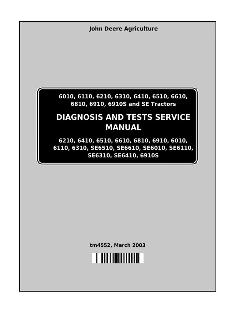 John Deere Tractor 6010, 6110, 6210, 6310, 6410, 6510, 6610, 6810 6910 Operation, Maintenance & Diagnostic Test Service Repair Manual TM4552 - PDF