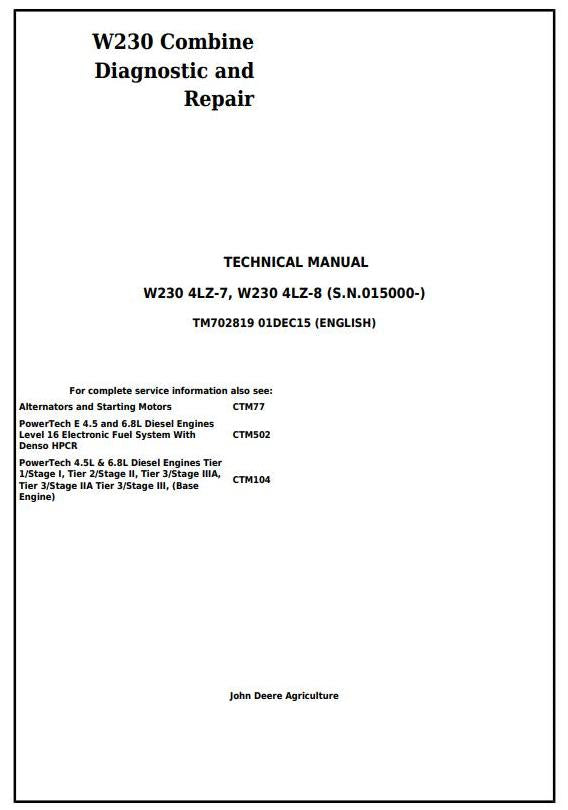 Cover page of the John Deere W230 (4LZ-7, 4LZ-8) Combine Diagnostic and Repair Technical Manual TM702819 displaying title and subtitle.