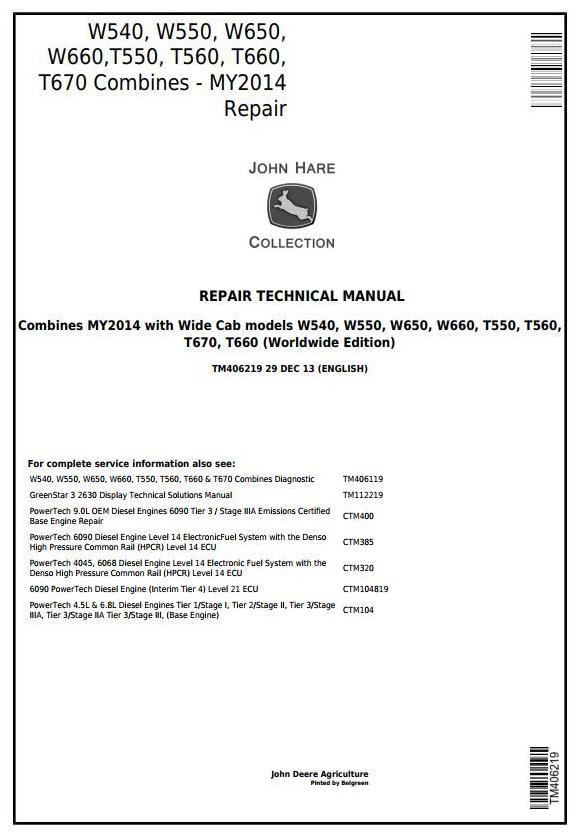 John Deere W540, W550, W650, W660, T550, T560, T660, T670 Combine MY14 Technical Repair Manual TM406219 - PDF
