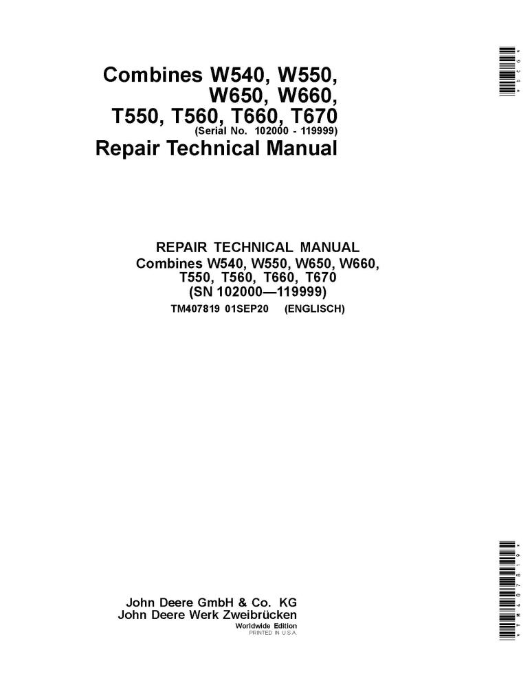 John Deere W540, W550, W650, W660, T550, T560, T660, T670 Combine Technical Service Repair Manual TM407819 - PDF