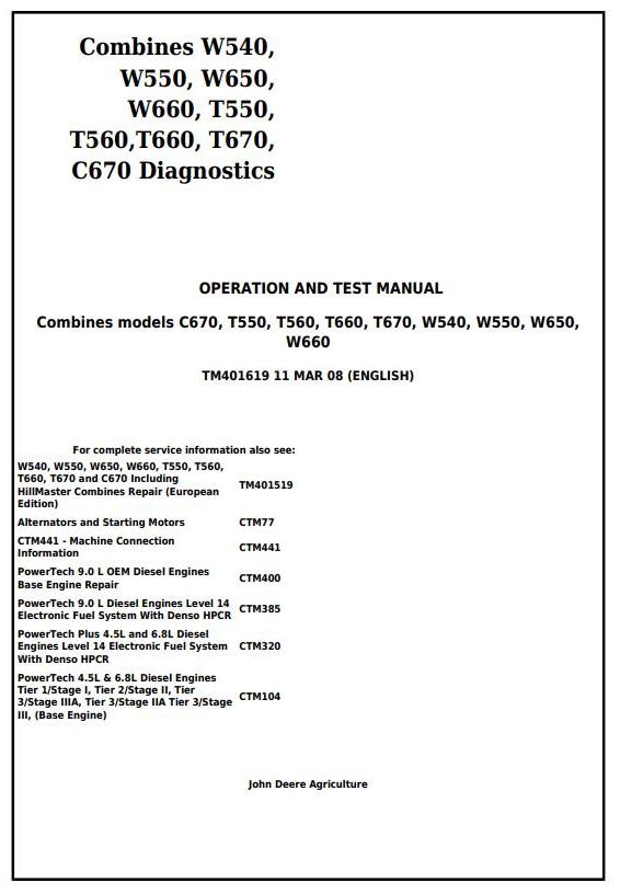John Deere W540, W550, W650, W660, T550, T560, T660, T670, C670 Combine Operation, Maintenance & Diagnostic Test Service Manual TM401619 - PDF