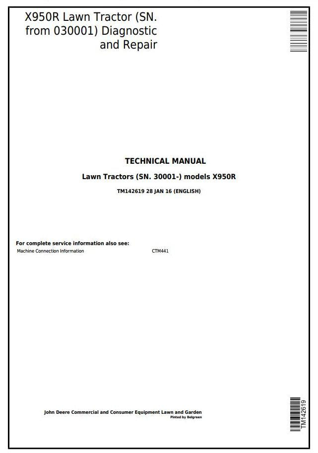 Cover page of the John Deere X950R Riding Lawn Tractor Service Repair Manual showing title and barcode.