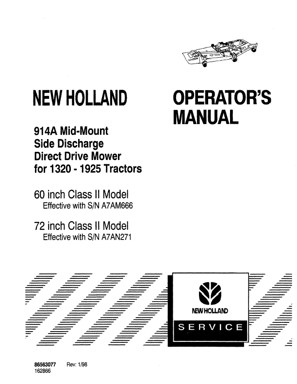 New Holland 914A 60`, 72` Mid-mount Side Discharge for 1320-1925 Tractors Operator's Manual 86563077 - PDF