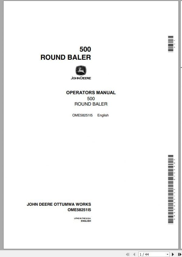 Cover page of the John Deere Round Baler 500 Operator Manual, indicating the model number and the language in which the manual is written.