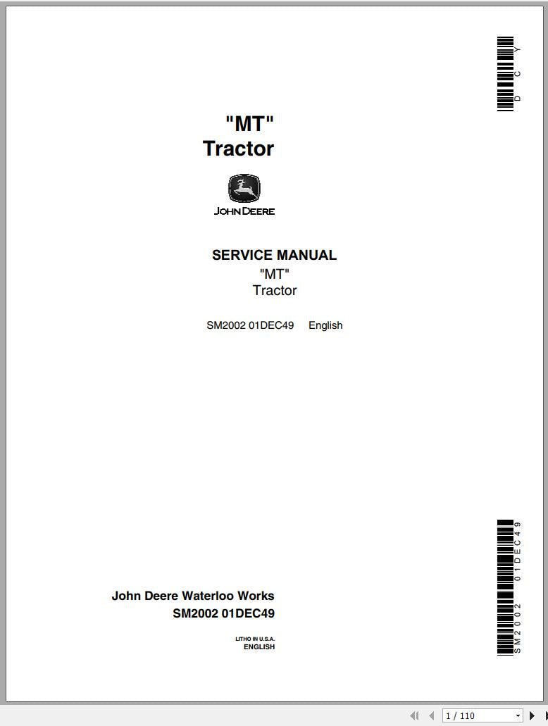 Cover page of the John Deere Tractor MT Service Repair Manual, showing the model number MT and the title 'Service Manual' with the John Deere logo and the company address in Illinois.