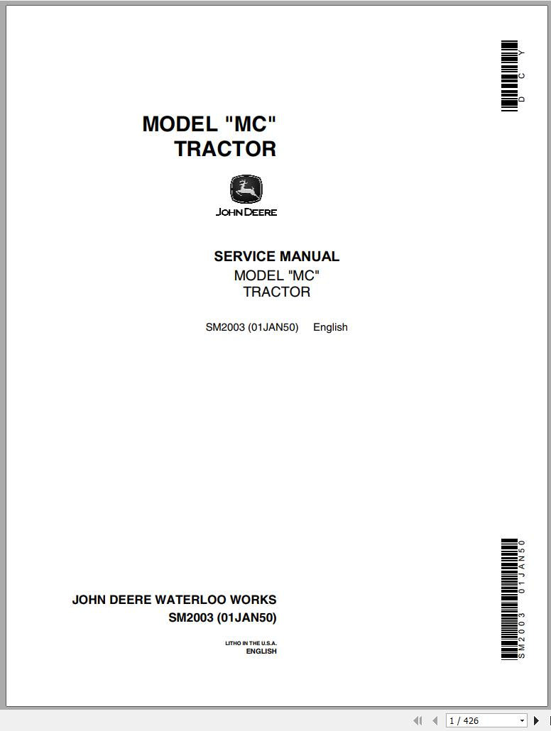 Cover page of the John Deere Tractor MC Service Repair Manual, showing the model number and the title 'Service Manual' along with the John Deere logo and the company address.