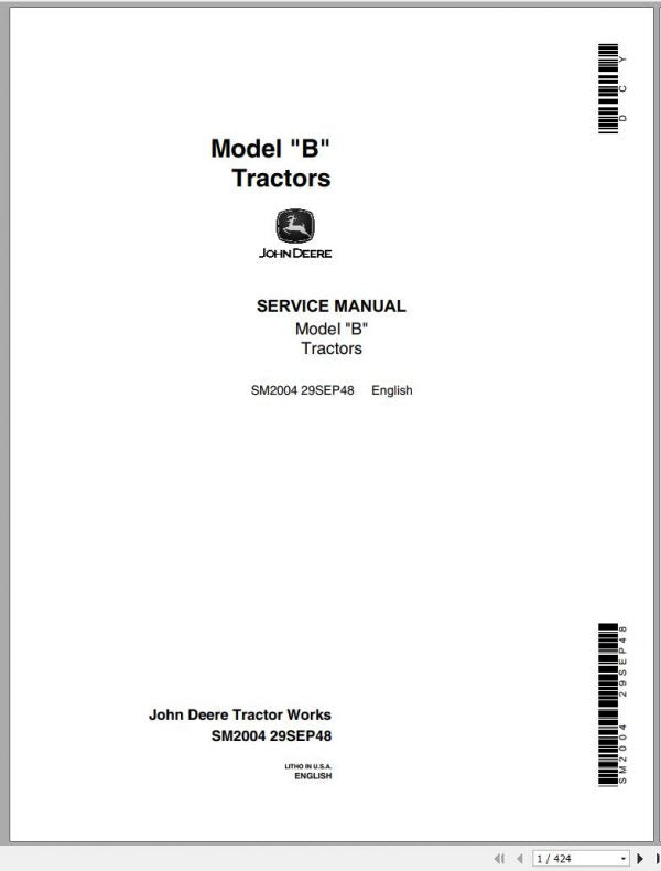 Cover page of the John Deere Tractors B Service Repair Manual, showing the model number, service manual title, and the John Deere logo.
