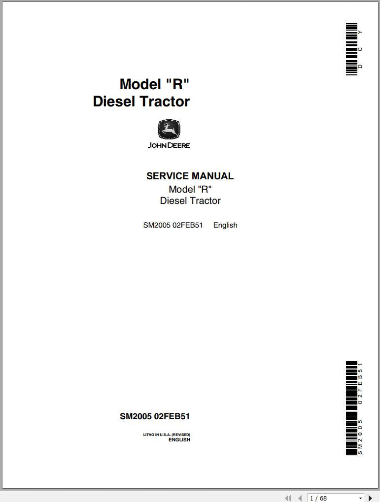 Cover page of the John Deere Diesel Tractor R Service Repair Manual, indicating the model number and language.
