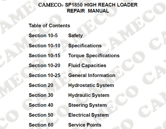 Table of contents for the John Deere Cameco SP1850 High Reach Loader Technical Service Repair Manual, including sections on safety, specifications, torque, fluid capacities, general information, hydro-static system, hydraulic system, steering system, electrical system, and service points.