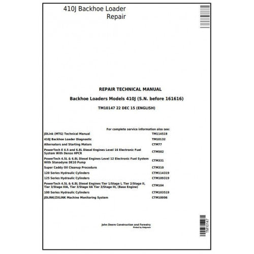 Cover page of the John Deere 410J Backhoe Loader Technical Service Repair Manual TM10147 displaying the title and subtitle.