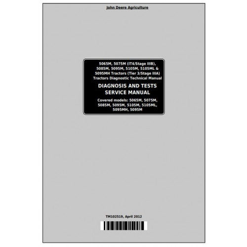 Cover page of the John Deere Tractor operation, maintenance, and diagnostic test manual featuring model numbers and the service manual's number.