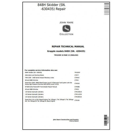 John Deere 848H Grapple Skidder Technical Service Repair Manual TM10289 - PDF