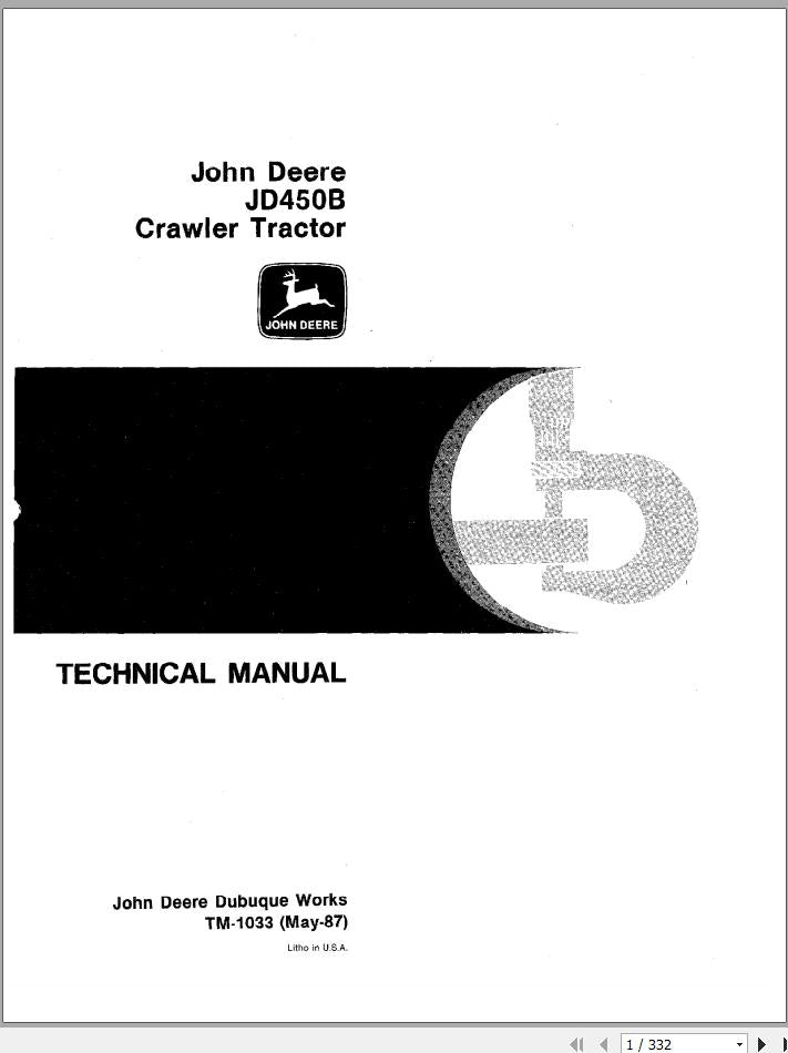 Cover page of the John Deere JD450B Crawler Tractor Service Repair Manual featuring the John Deere logo, the model number JD450B, and the title 'TECHNICAL MANUAL'.