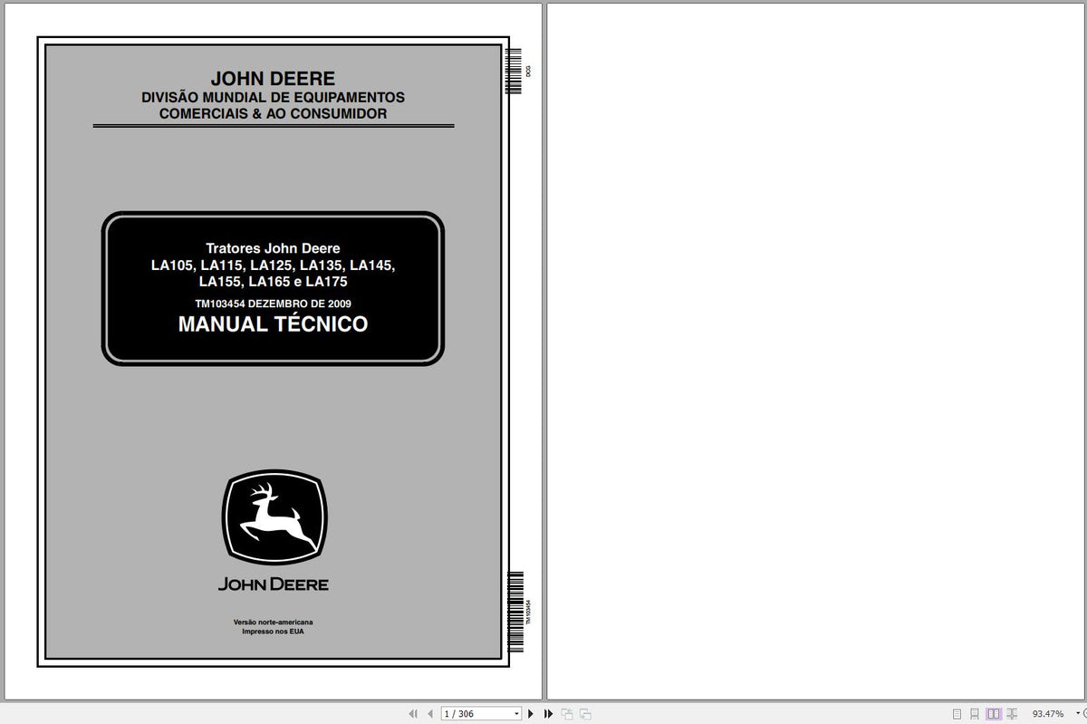 John Deere Tractor LA105-LA175 Technical Service Repair Manual TM103454 Portuguese 12.2009 - PDF