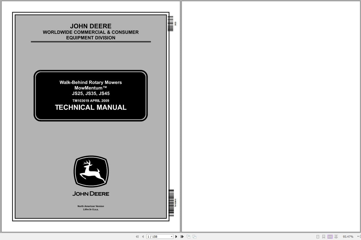 Cover pages of the John Deere Walk Behind Mowers JS25, JS35, JS45 Technical Service Repair Manual TM103619 displaying title and John Deere logo.
